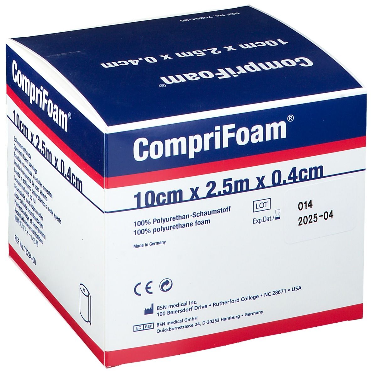 Confezione di CompriFoam. Scatola blu e bianca con informazioni, dimensioni: 10 cm x 2,5 m x 0,4 cm, e numero di lotto.