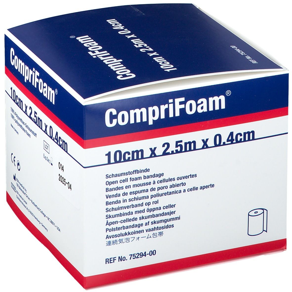 Confezione di CompriFoam. Scatola blu e bianca con informazioni, dimensioni: 10 cm x 2,5 m x 0,4 cm, e data di scadenza.