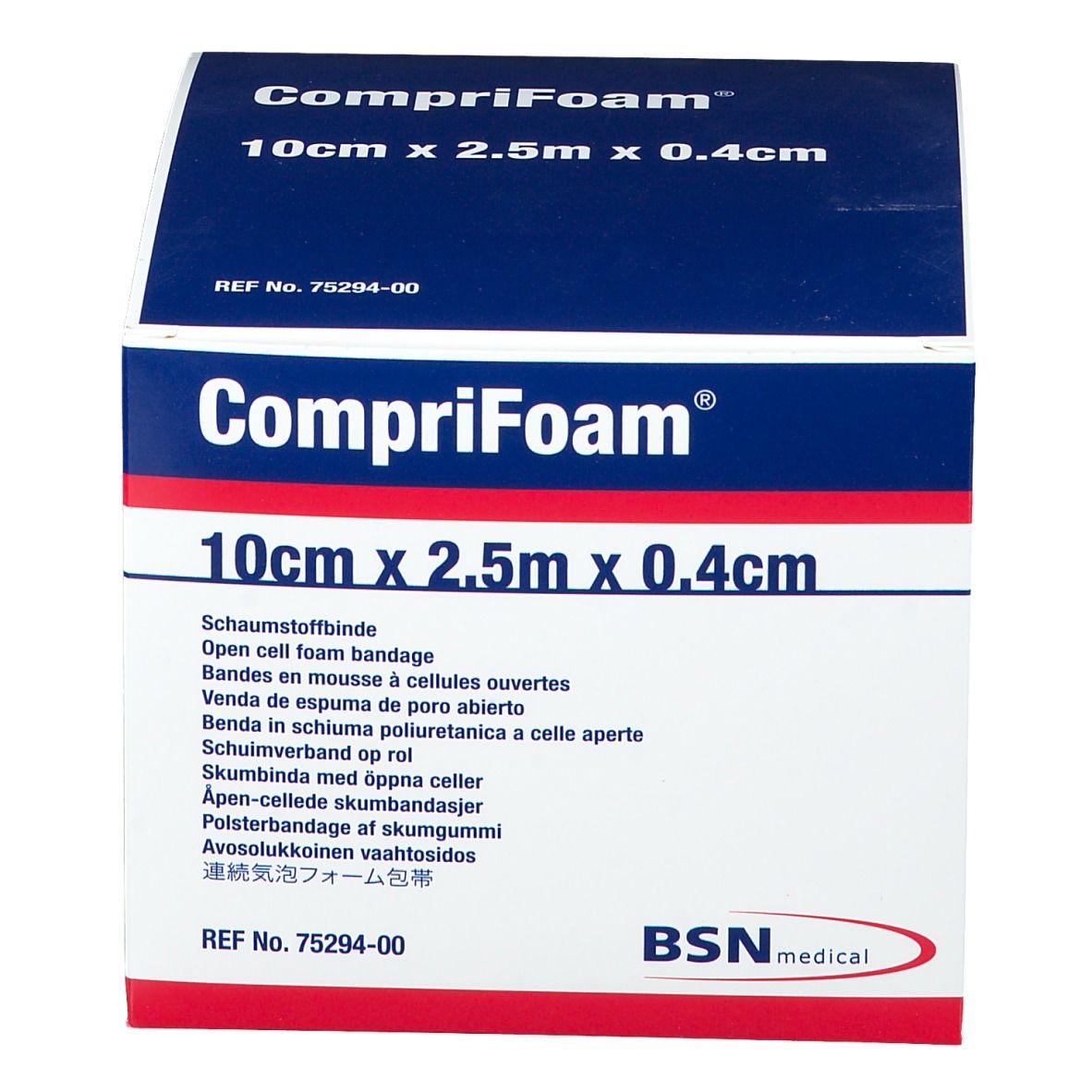 Confezione di CompriFoam. Scatola blu e bianca con informazioni e dimensioni: 10 cm x 2,5 m x 0,4 cm. Logo BSN medical.