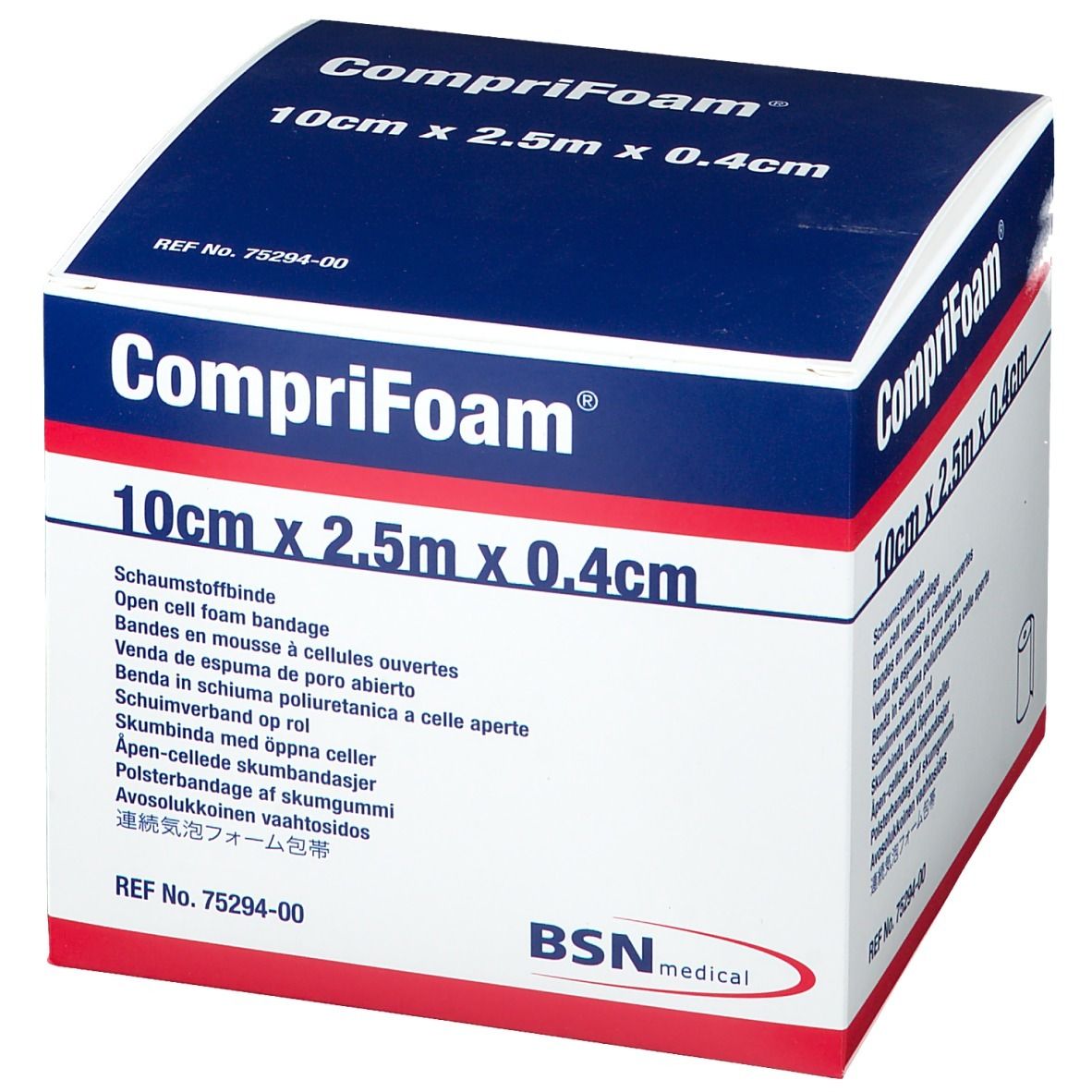 Confezione di CompriFoam. Scatola blu e bianca con informazioni e dimensioni: 10 cm x 2,5 m x 0,4 cm. Logo BSN medical.