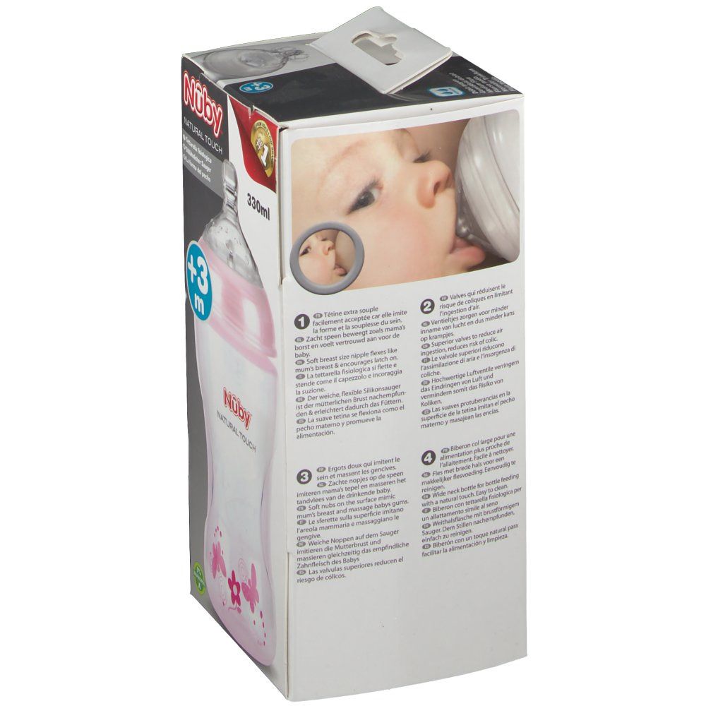 Verpackung mit Babyflasche. Detailansicht der Flasche und Beschreibung. Marke: Nûby Natural Touch. 330ml.
