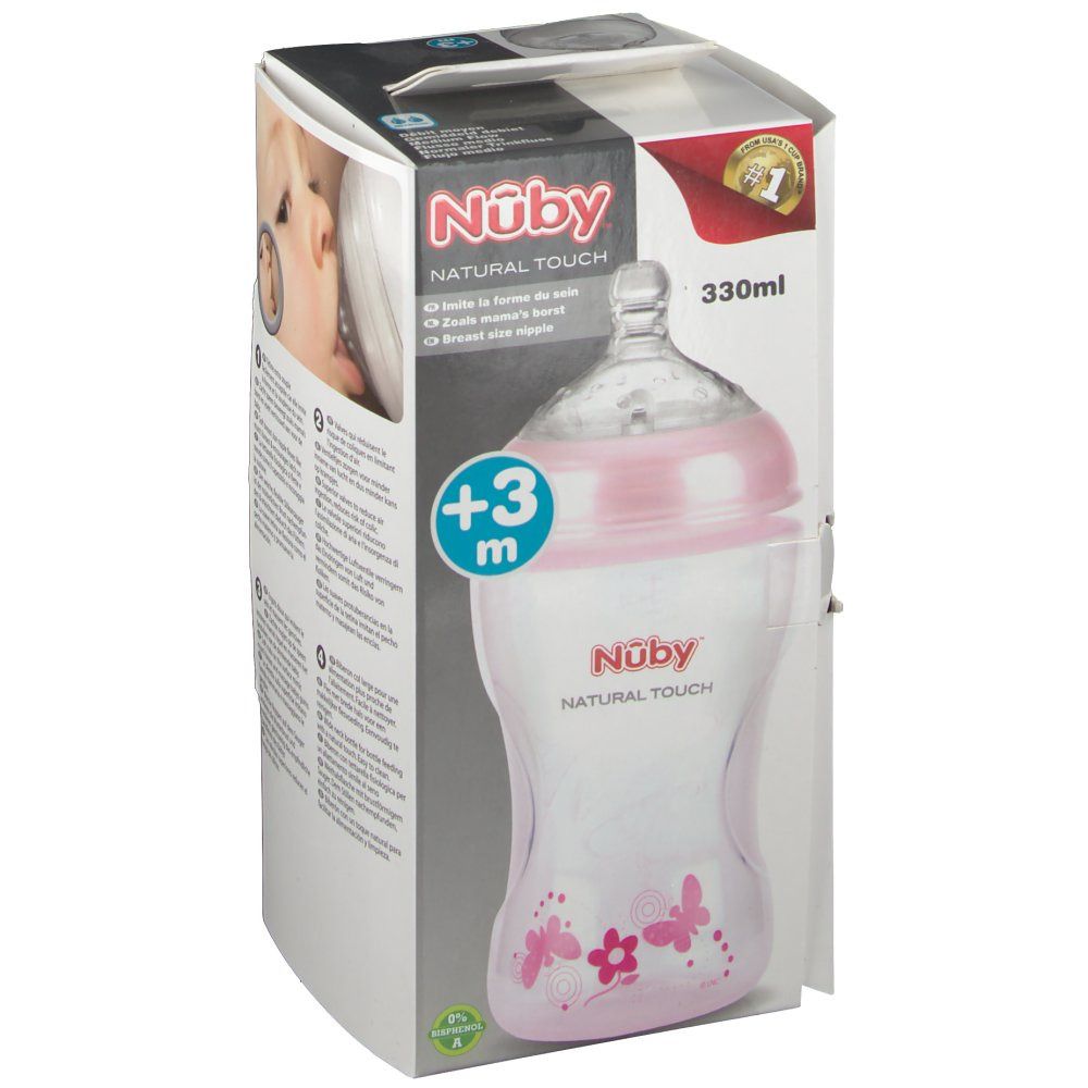 Babyflasche in Verpackung. Rosa Sauger und Deckel, transparente Flasche. Marke: Nûby Natural Touch. 330ml.