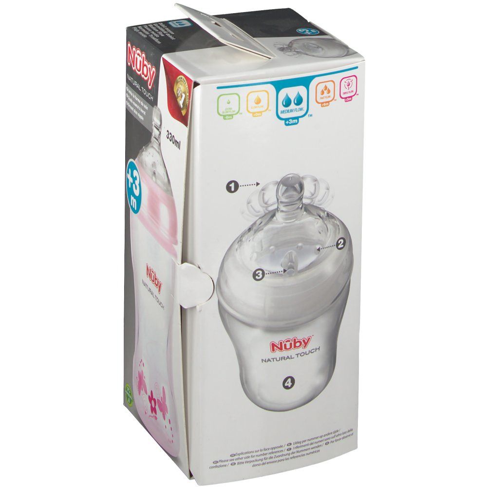 Verpackung mit Babyflasche. Detailansicht der Flasche und Beschreibung. Marke: Nûby Natural Touch. 250ml.