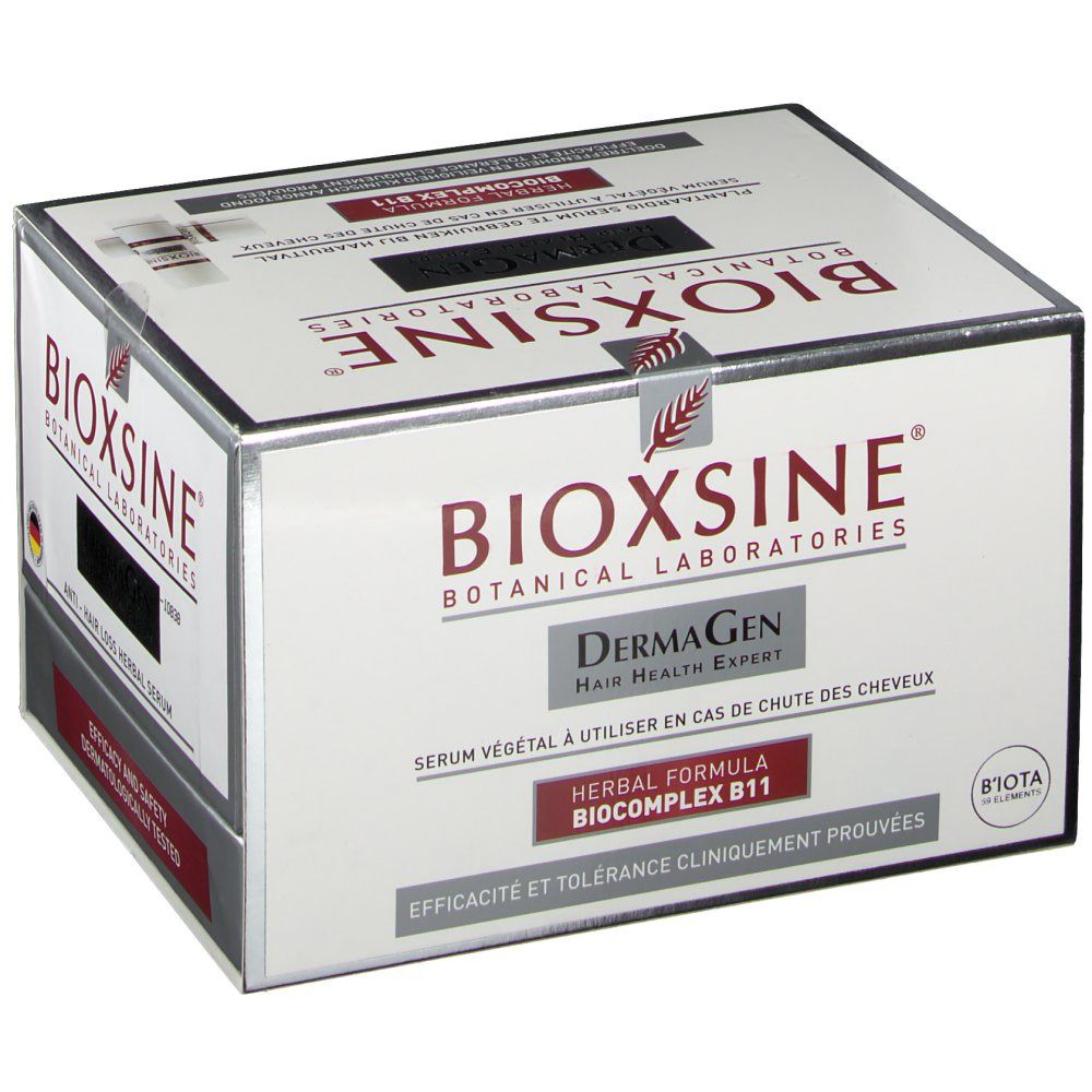 BIOXSINE-Produktbox. Enthält Serum gegen Haarausfall. Aufschrift: DermaGen, Herbal Formula, Biocomplex B11.