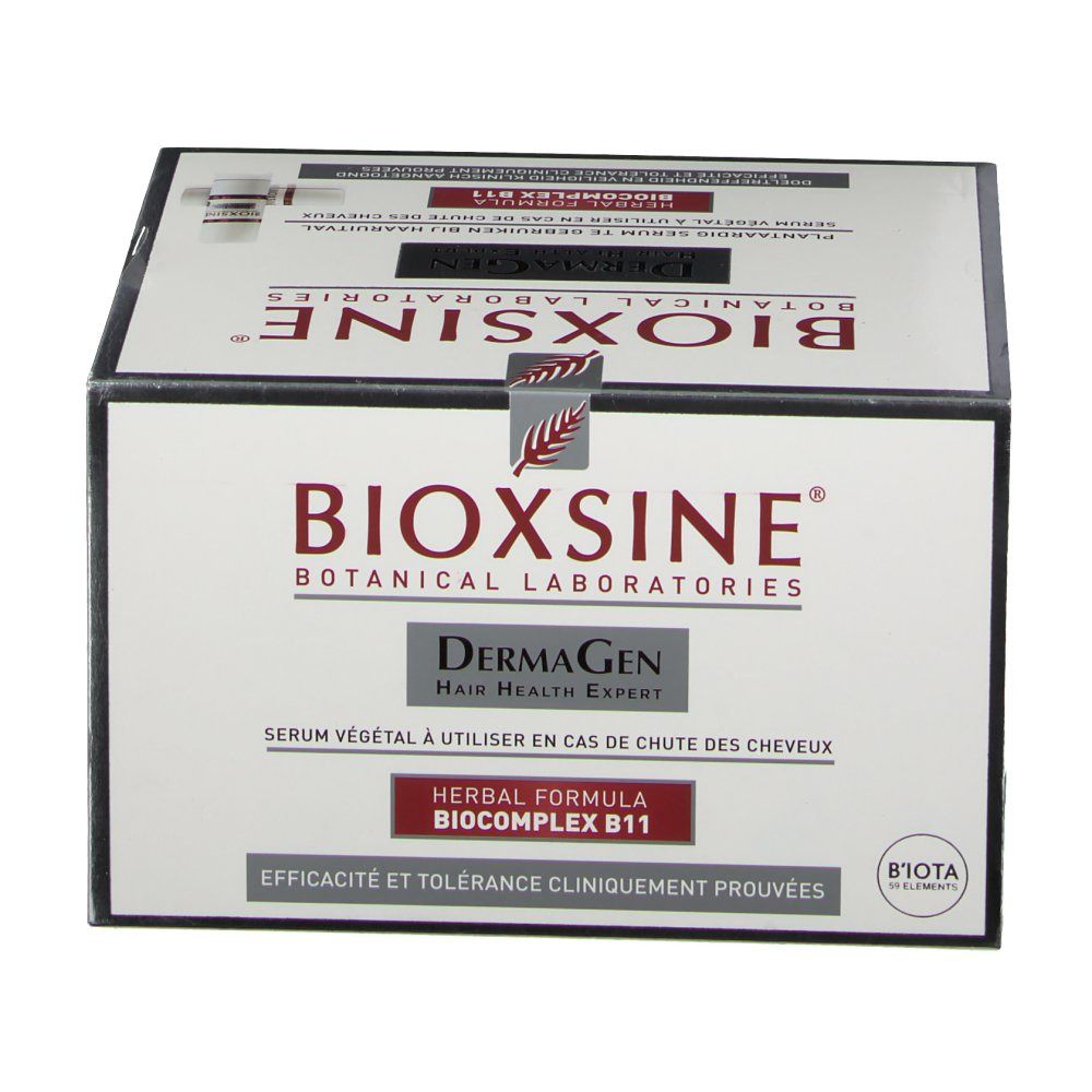 BIOXSINE-Produktbox. Enthält Serum gegen Haarausfall. Aufschrift: DermaGen, Herbal Formula, Biocomplex B11. Französische Produktinformationen.