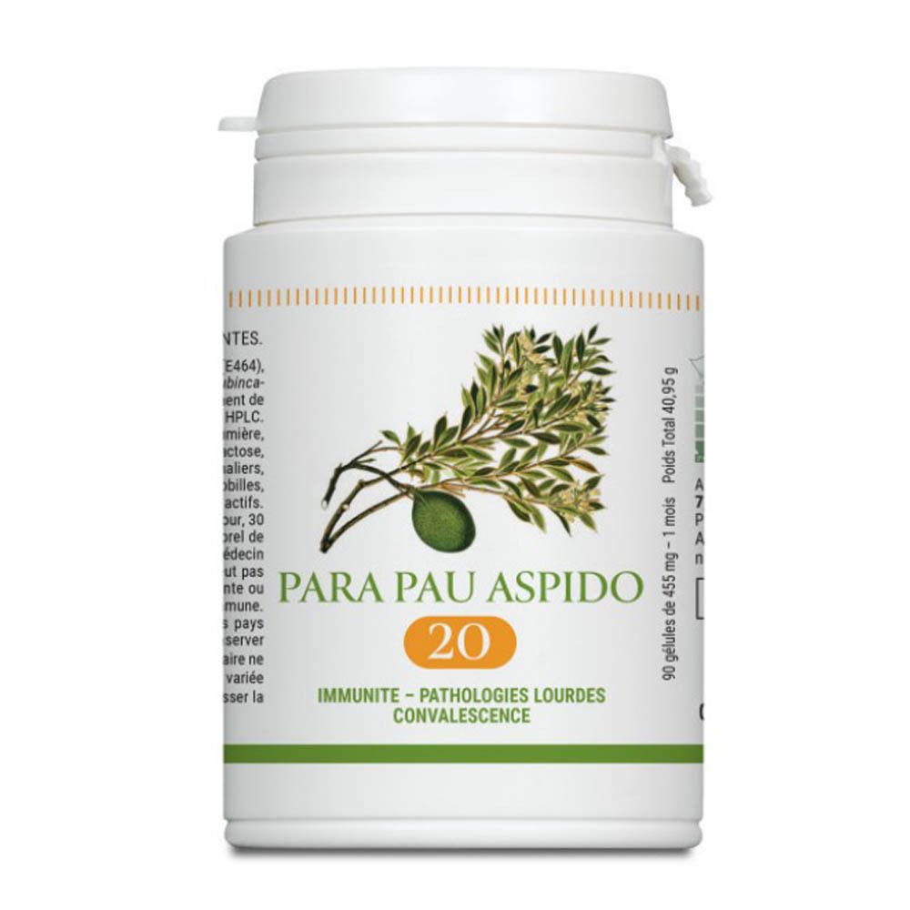 Witte fles met groen etiket. Opschrift: PARA PAU ASPIDO 20. Bevat 90 capsules. Olijftak illustratie.
