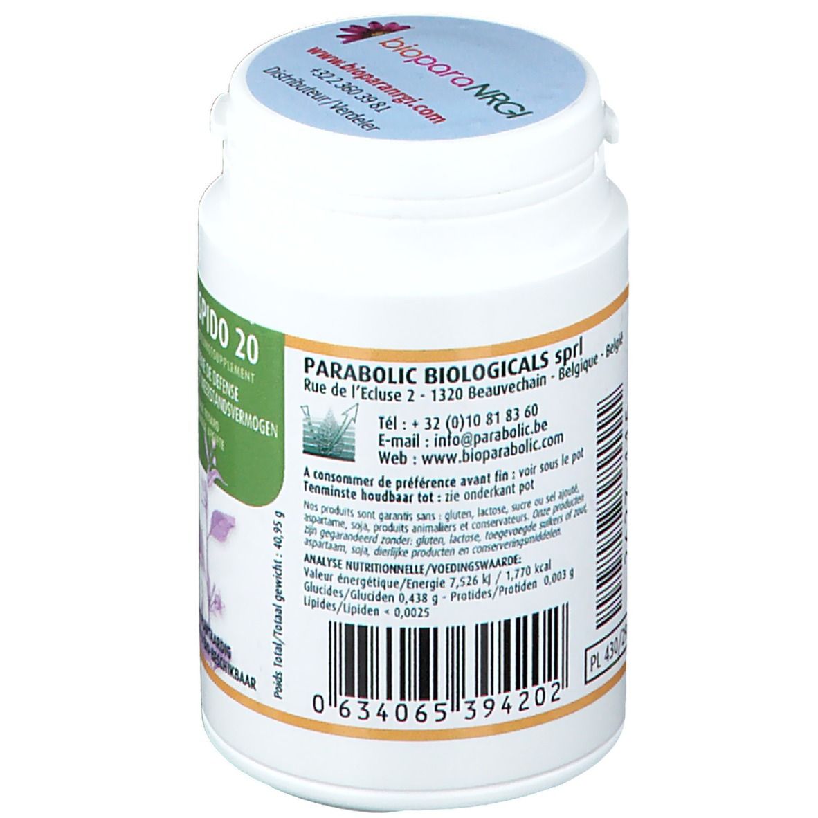 Dos du flacon blanc. Texte avec informations sur le produit et code-barres. Adresse et coordonnées du fabricant.