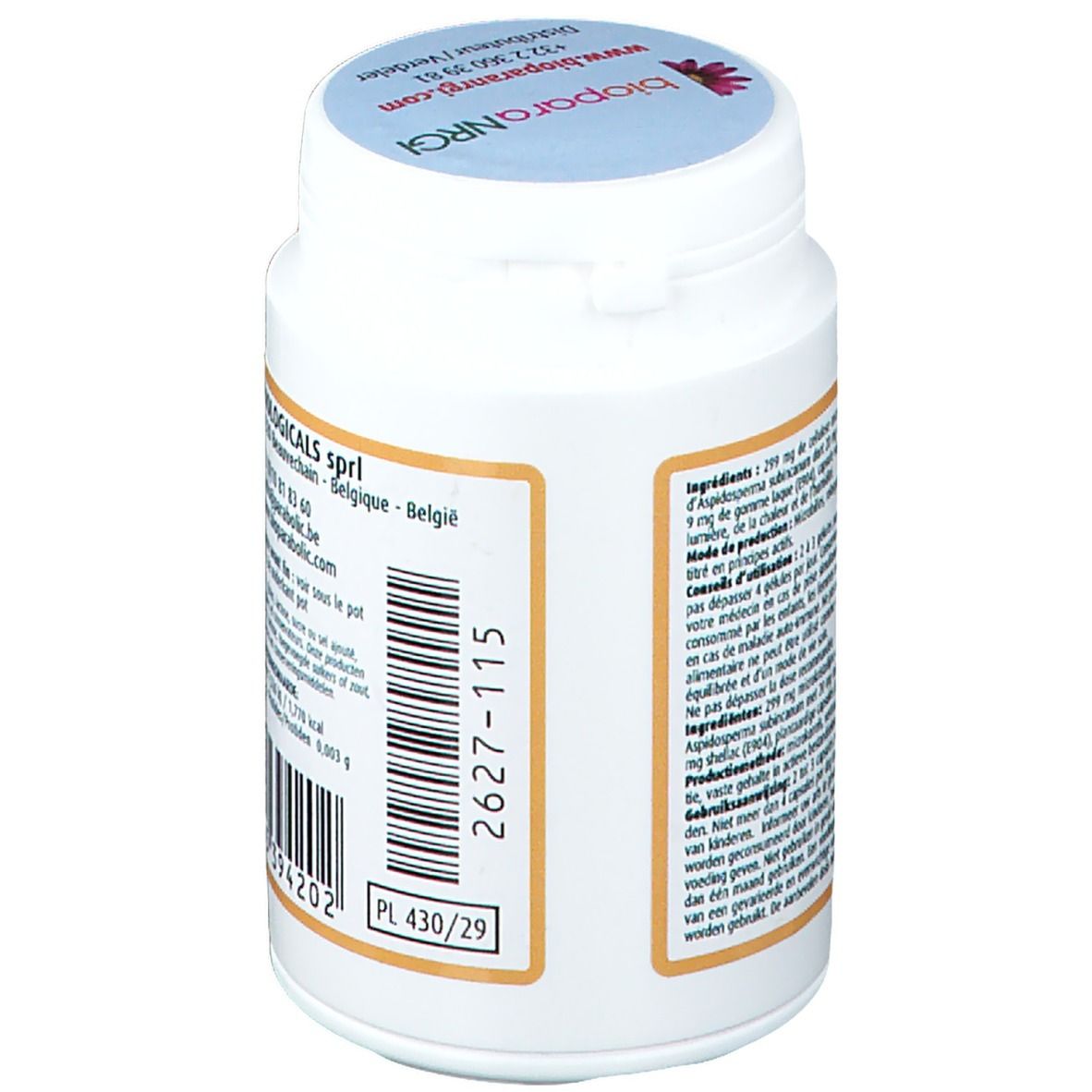 Vue latérale du flacon blanc. Code-barres et informations sur le produit. Adresse et coordonnées du fabricant.