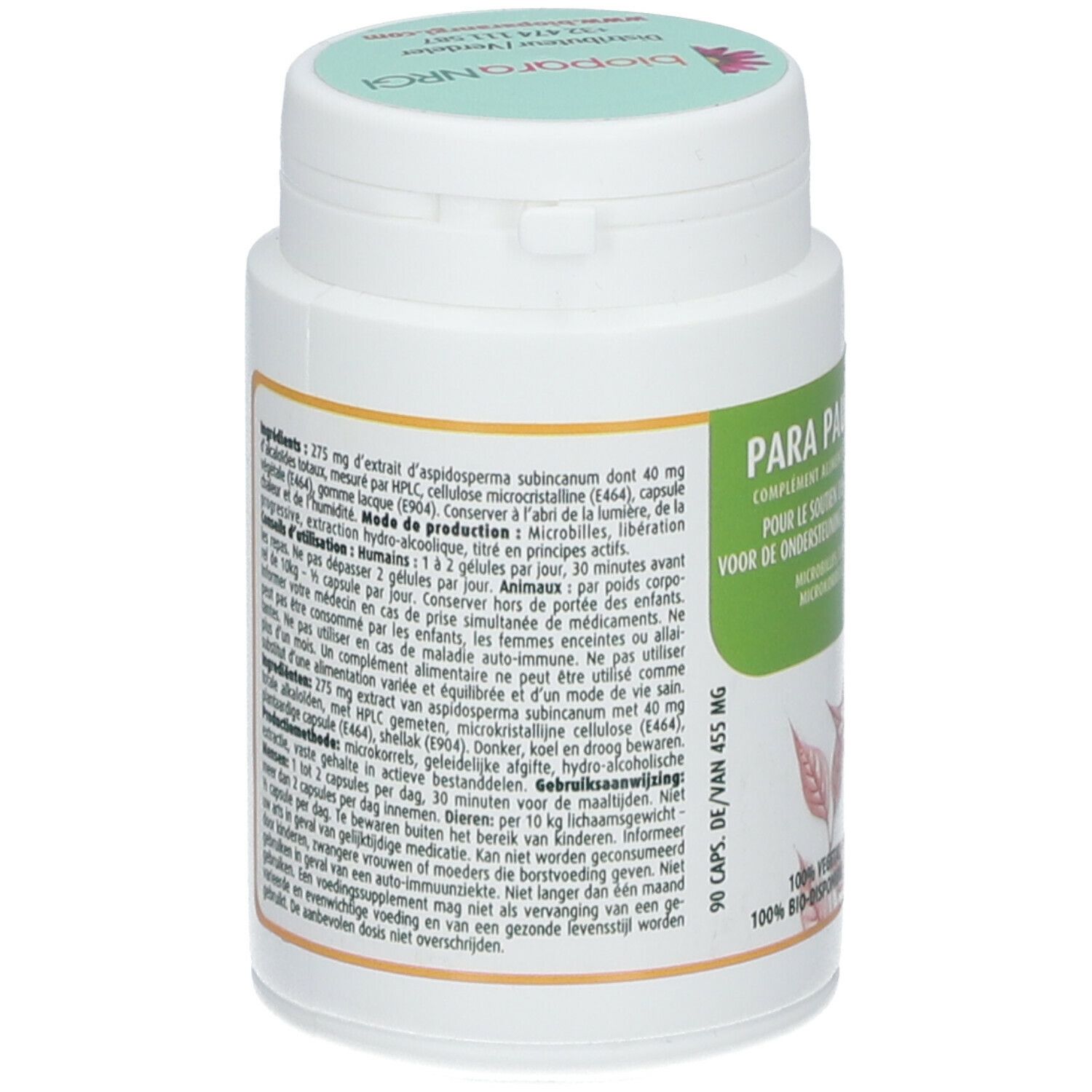 Rückseite des weißen Tabletten-Behälters. Text mit Inhaltsstoffen und Anwendungshinweisen. 90 Kapseln.