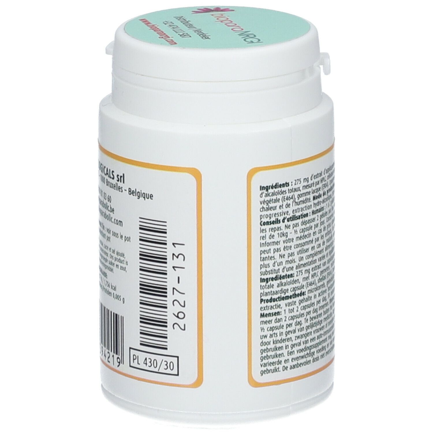 Rückseite des weißen Tabletten-Behälters. Text mit Inhaltsstoffen und Anwendungshinweisen. Barcode.