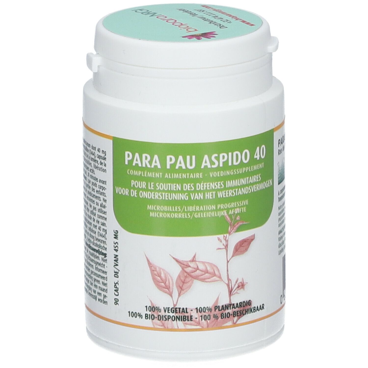 Weißes Tabletten-Behälter mit grünem Etikett. Aufschrift: Para Pau Aspido 40. 90 Kapseln. Deckel mit Logo.