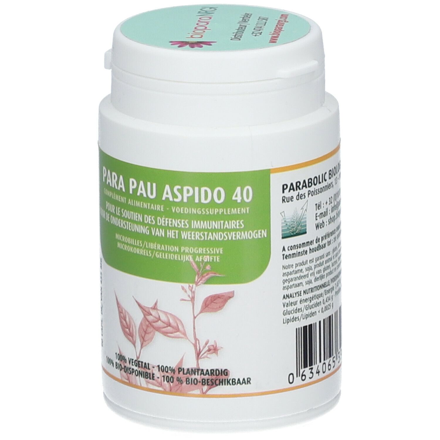 Weißes Tabletten-Behälter mit grünem Etikett. Aufschrift: Para Pau Aspido 40. 90 Kapseln. Deckel mit Logo.
