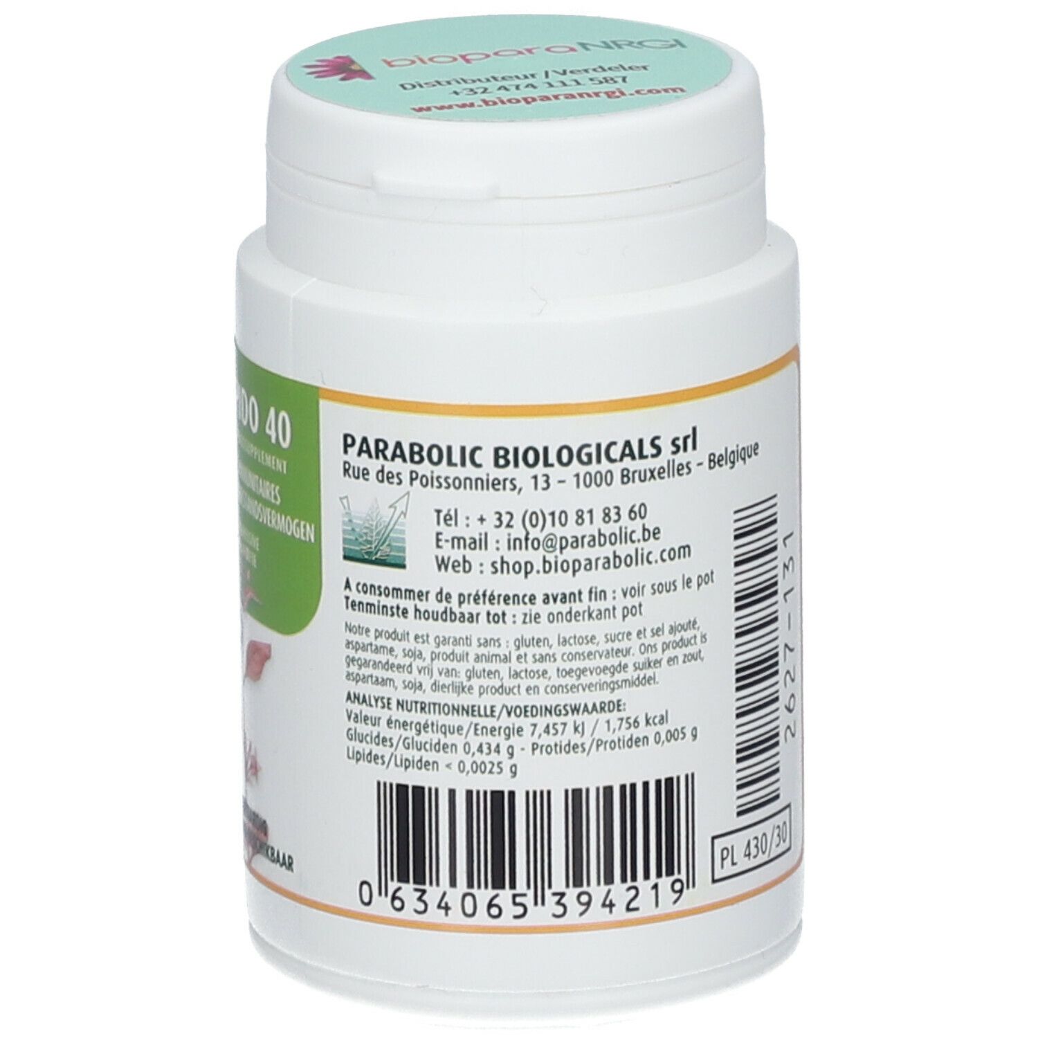 Rückseite des weißen Tabletten-Behälters. Text mit Inhaltsstoffen und Anwendungshinweisen. Barcode.