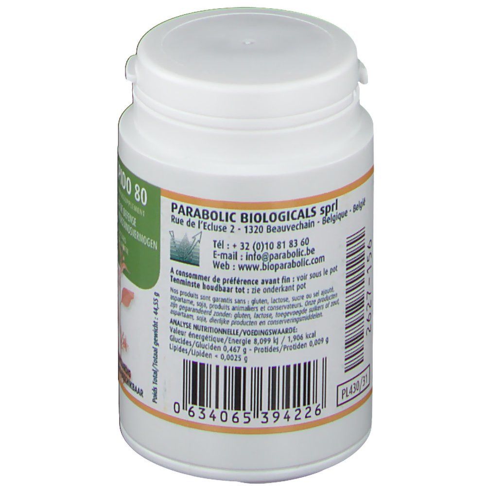 Dos d'un flacon blanc. Étiquette avec informations, code-barres et adresse du fabricant: Parabolic Biologicals.