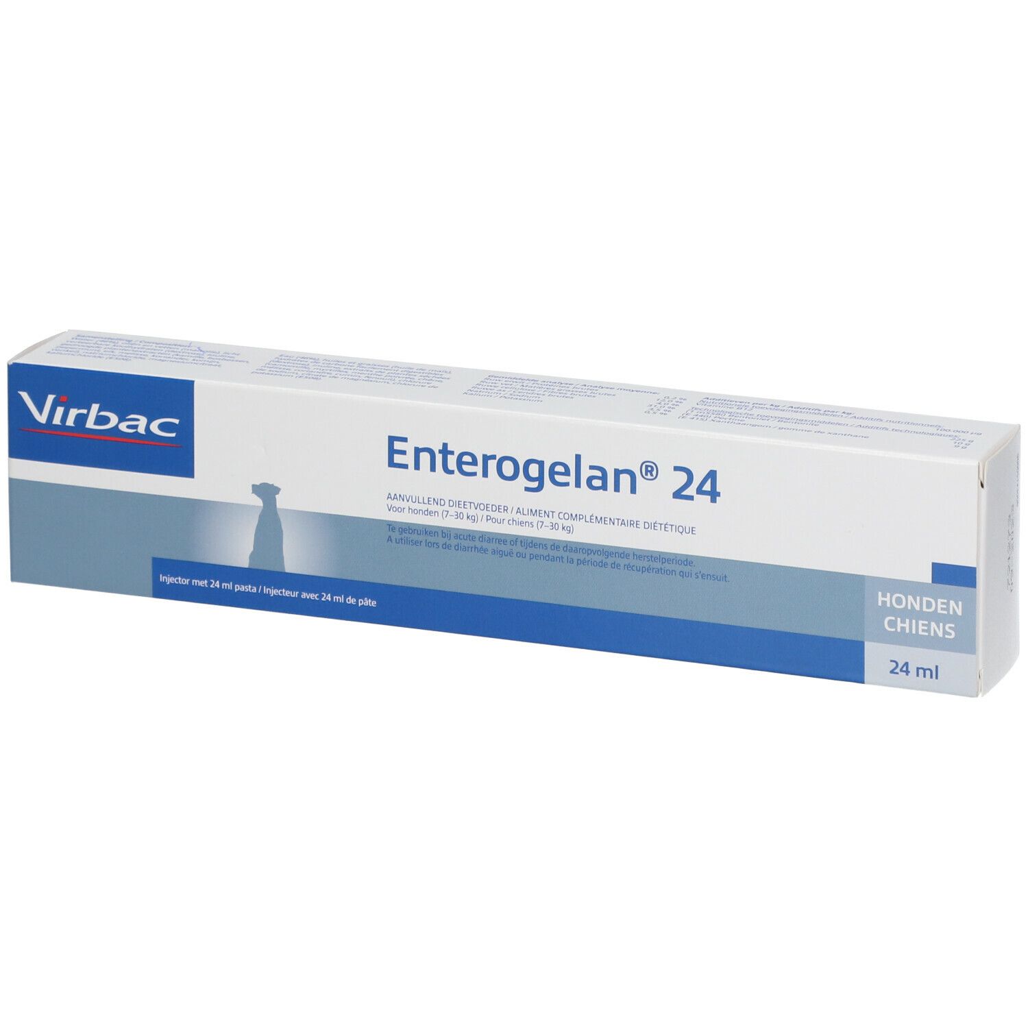 Boîte Virbac Enterogelan® 24. Emballage blanc et bleu. Contient 24 ml. Logo et nom du produit visibles.