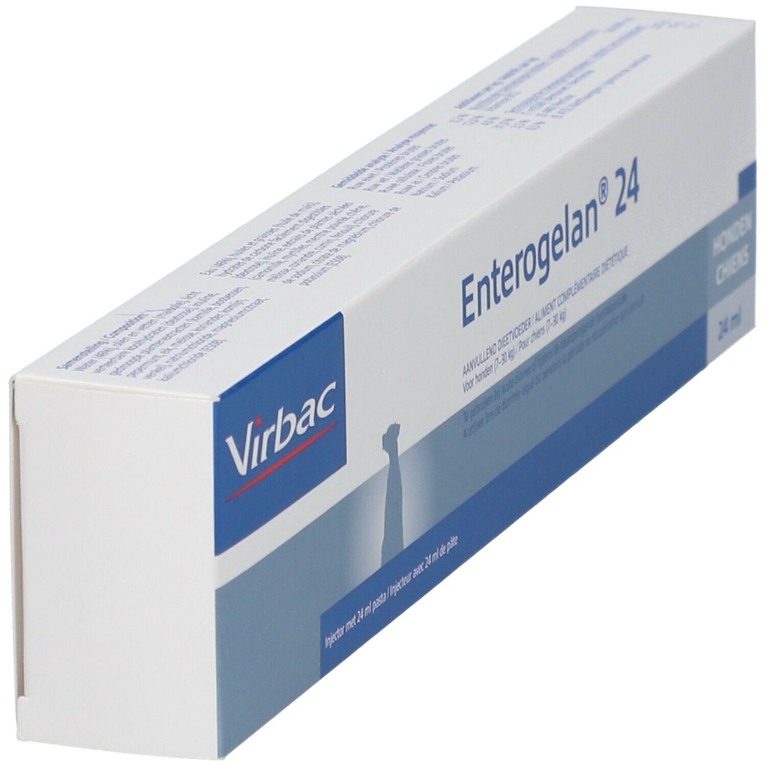 Boîte Virbac Enterogelan® 24 en biais. Emballage blanc et bleu. Nom du produit et logo visibles.