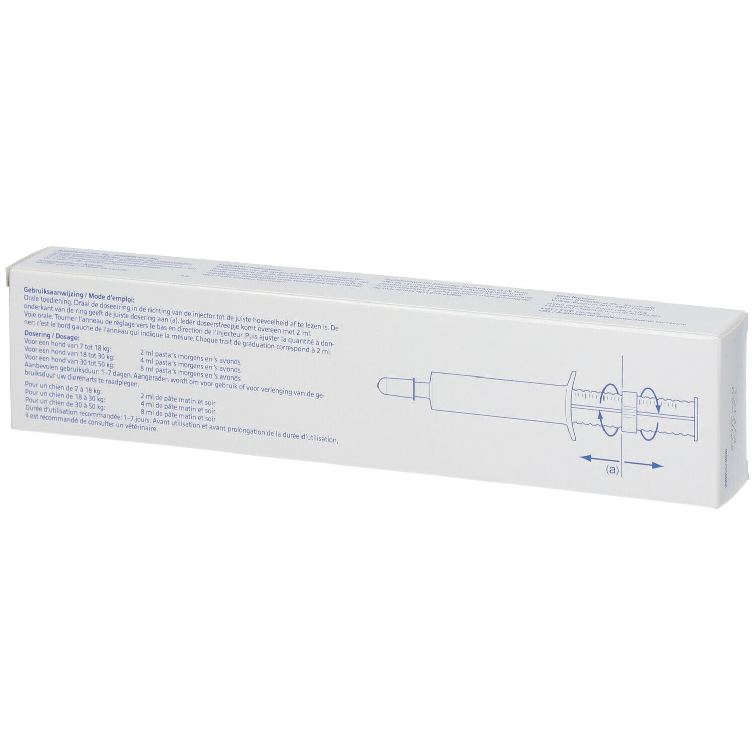 Dos de la boîte Virbac Enterogelan®. Emballage blanc avec instructions et illustration d'une seringue.