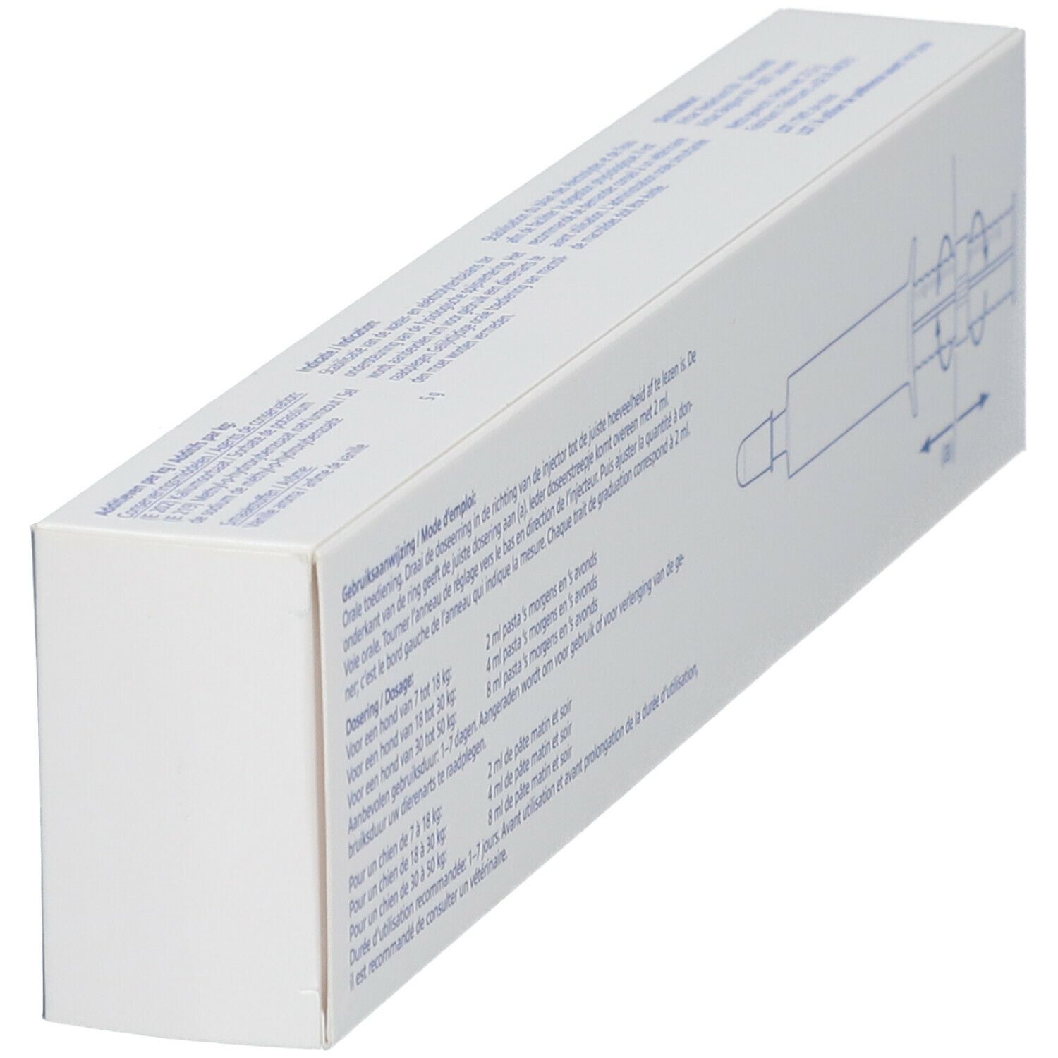 Vue oblique du dos de la boîte Virbac Enterogelan®. Emballage blanc avec instructions et illustration de seringue.