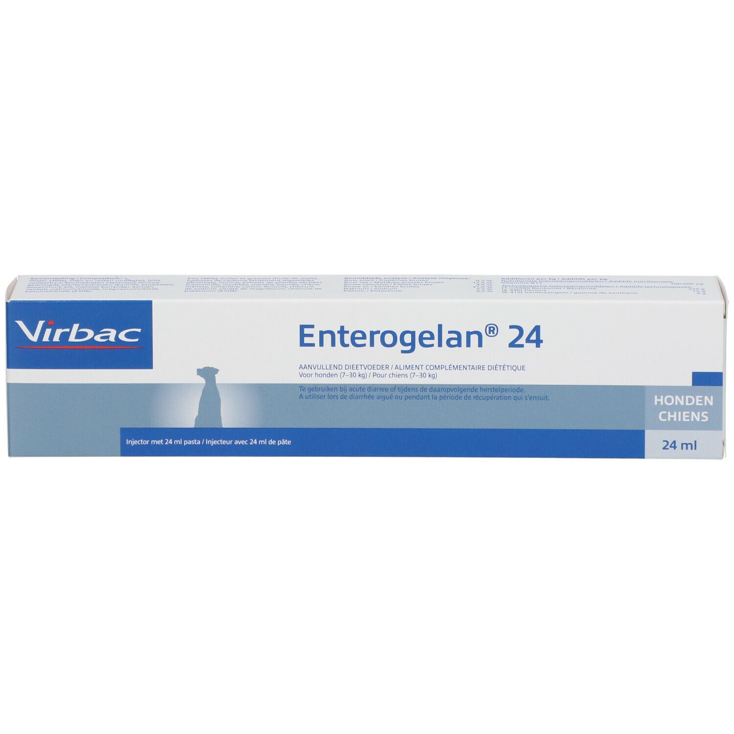 Boîte Virbac Enterogelan® 24. Emballage blanc et bleu. Nom du produit et logo clairement visibles.