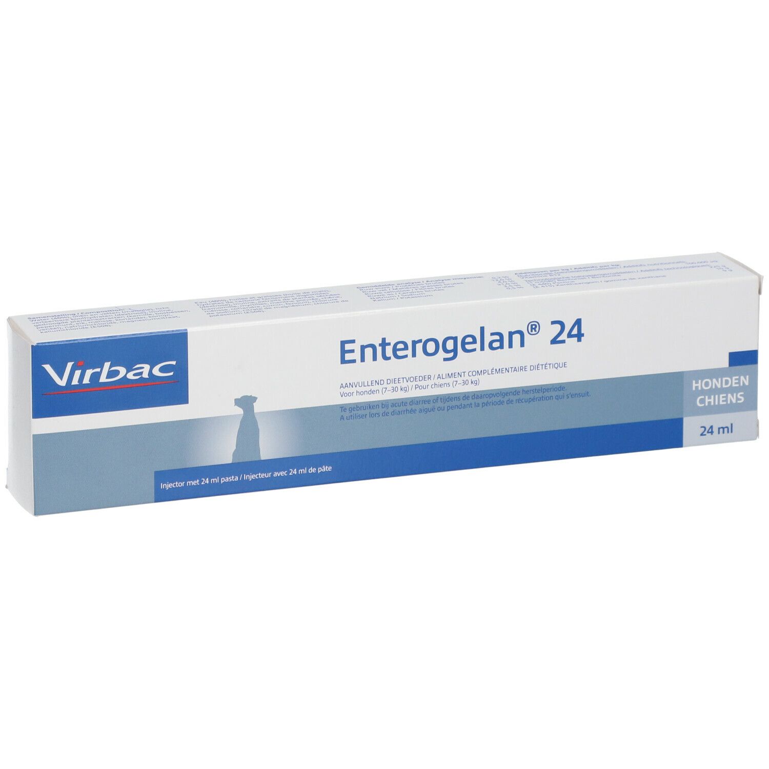 Boîte Virbac Enterogelan® 24. Emballage blanc et bleu. Nom du produit et logo visibles.