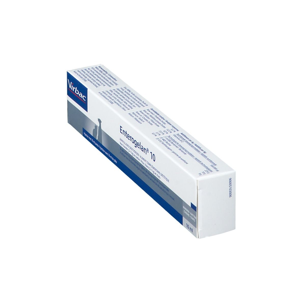 Weiße Verpackung mit Virbac-Logo und Produktnamen Enterogelan 10. Schrägansicht.