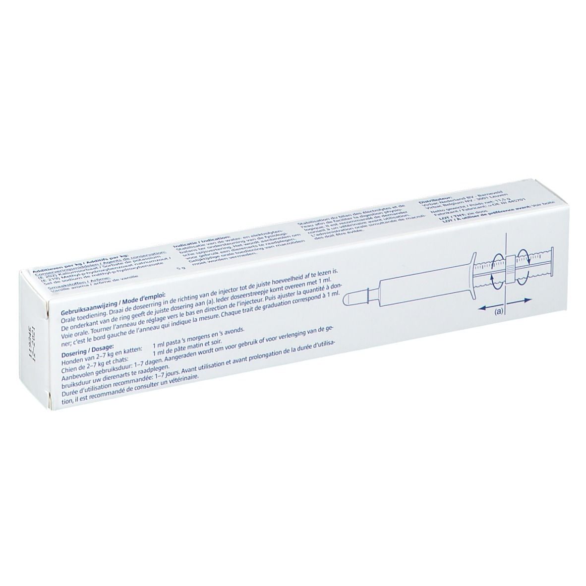 Rückseite der weißen Verpackung mit Gebrauchsanweisung und Dosierungsanleitung. Abbildung einer Spritze.