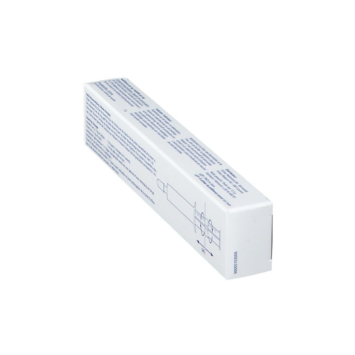 Rückseite der weißen Verpackung mit Text. Schrägansicht.