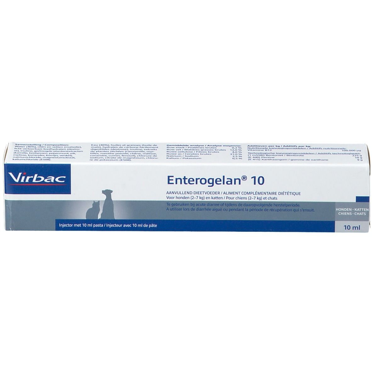 Weiße Verpackung mit Produktnamen Enterogelan 10 und Virbac-Logo. Enthält 10 ml. Abbildung von Hund und Katze.