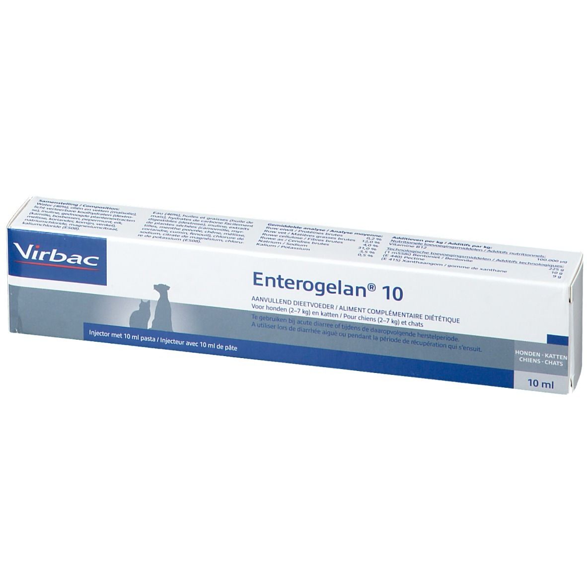 Weiße Verpackung mit Produktnamen Enterogelan 10 und Virbac-Logo. Enthält 10 ml. Abbildung von Hund und Katze.