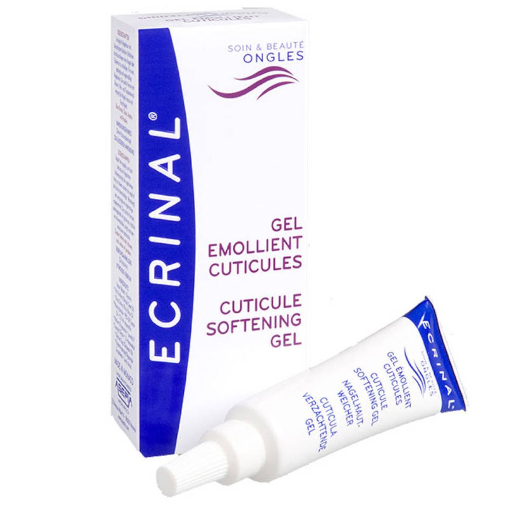 Ecrinal® Gel Emollient Cuticules. Tube et boîte. Tube blanc, texte bleu. Boîte avec nom du produit.
