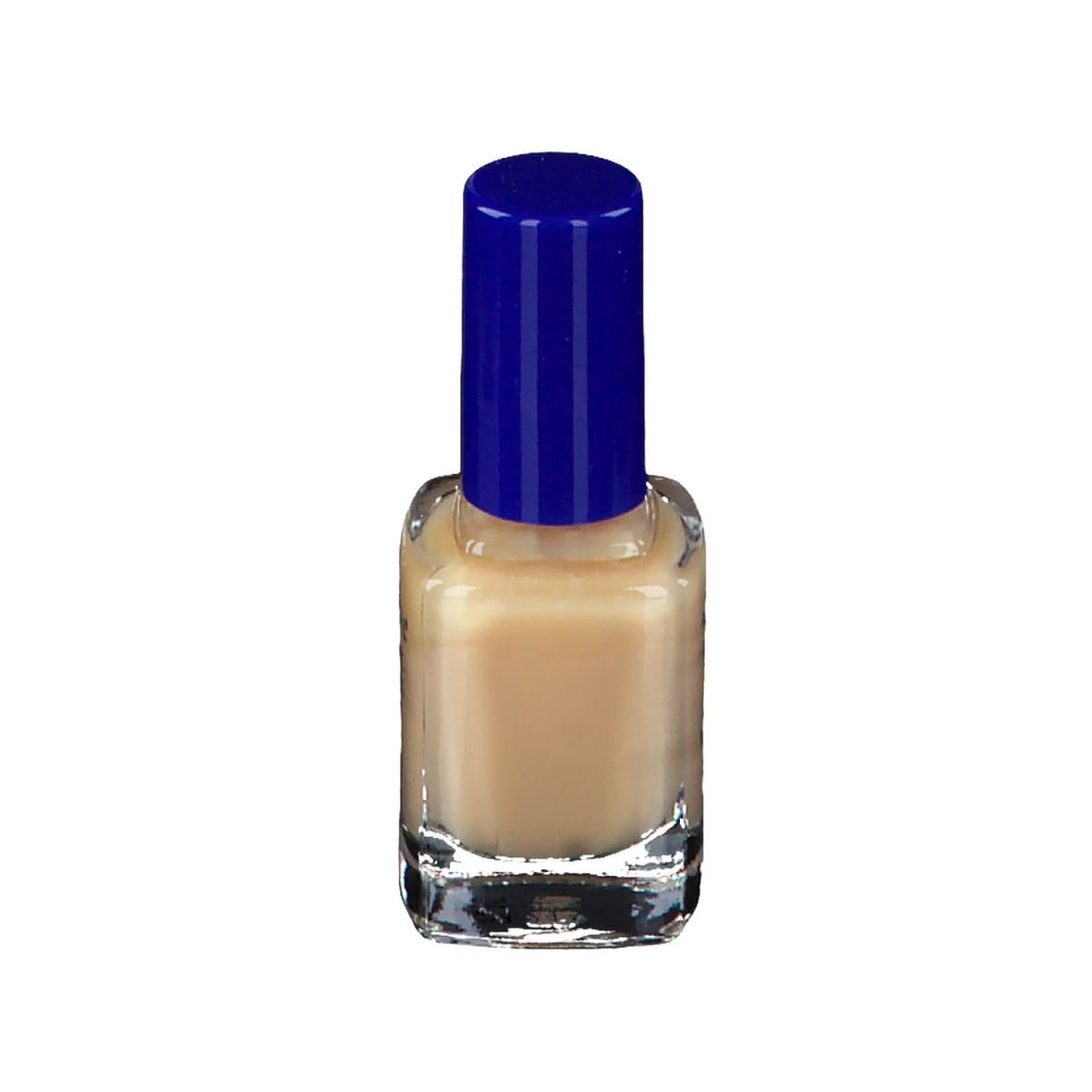 Flacon de vernis à ongles beige avec bouchon bleu. Flacon en verre carré.