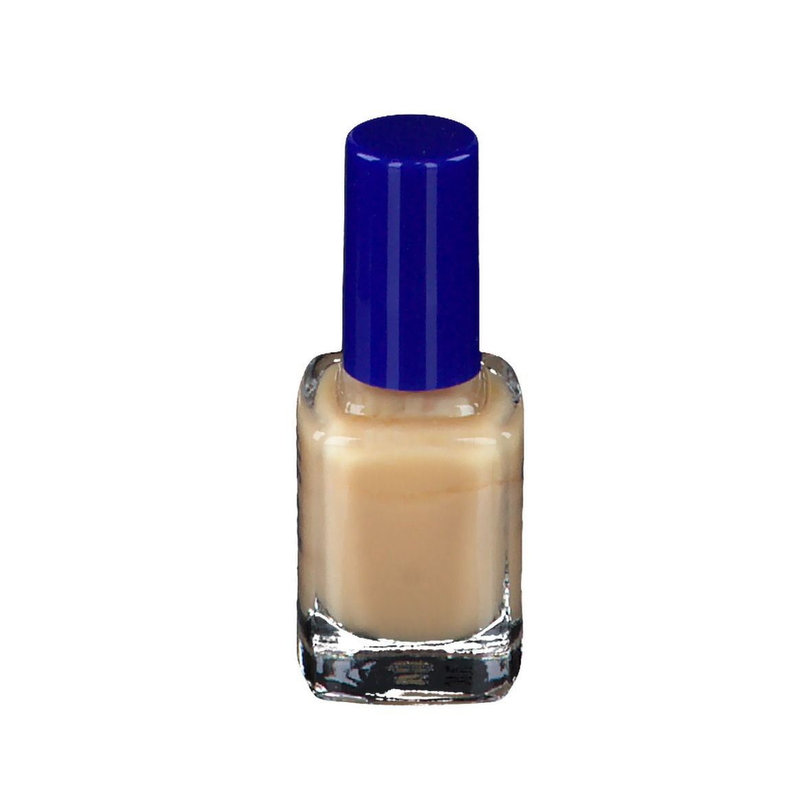 Flacon de vernis à ongles beige avec bouchon bleu. Flacon en verre carré.