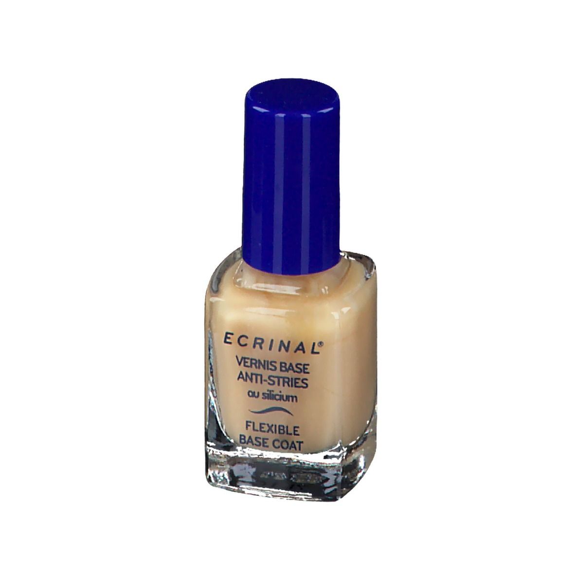 Flacon de vernis à ongles beige et bouchon bleu. Inscription: ECRINAL, Vernis Base Anti-Stries, Flexible Base Coat.