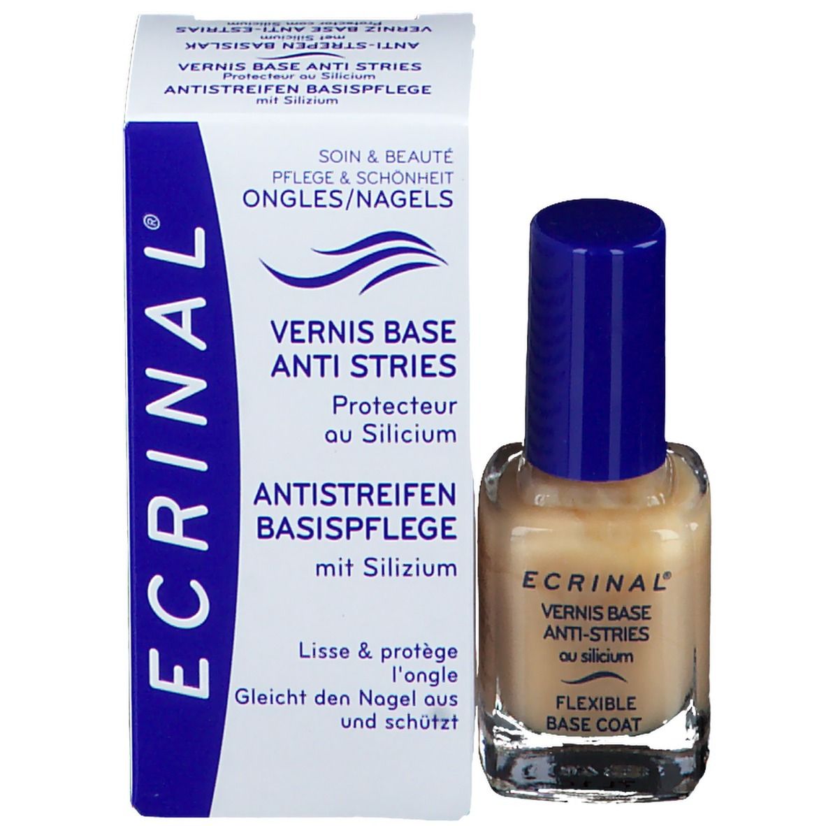 Flacon de vernis à ongles avec emballage. Inscription: ECRINAL, Vernis Base Anti-Stries, Flexible Base Coat. Emballage avec texte.