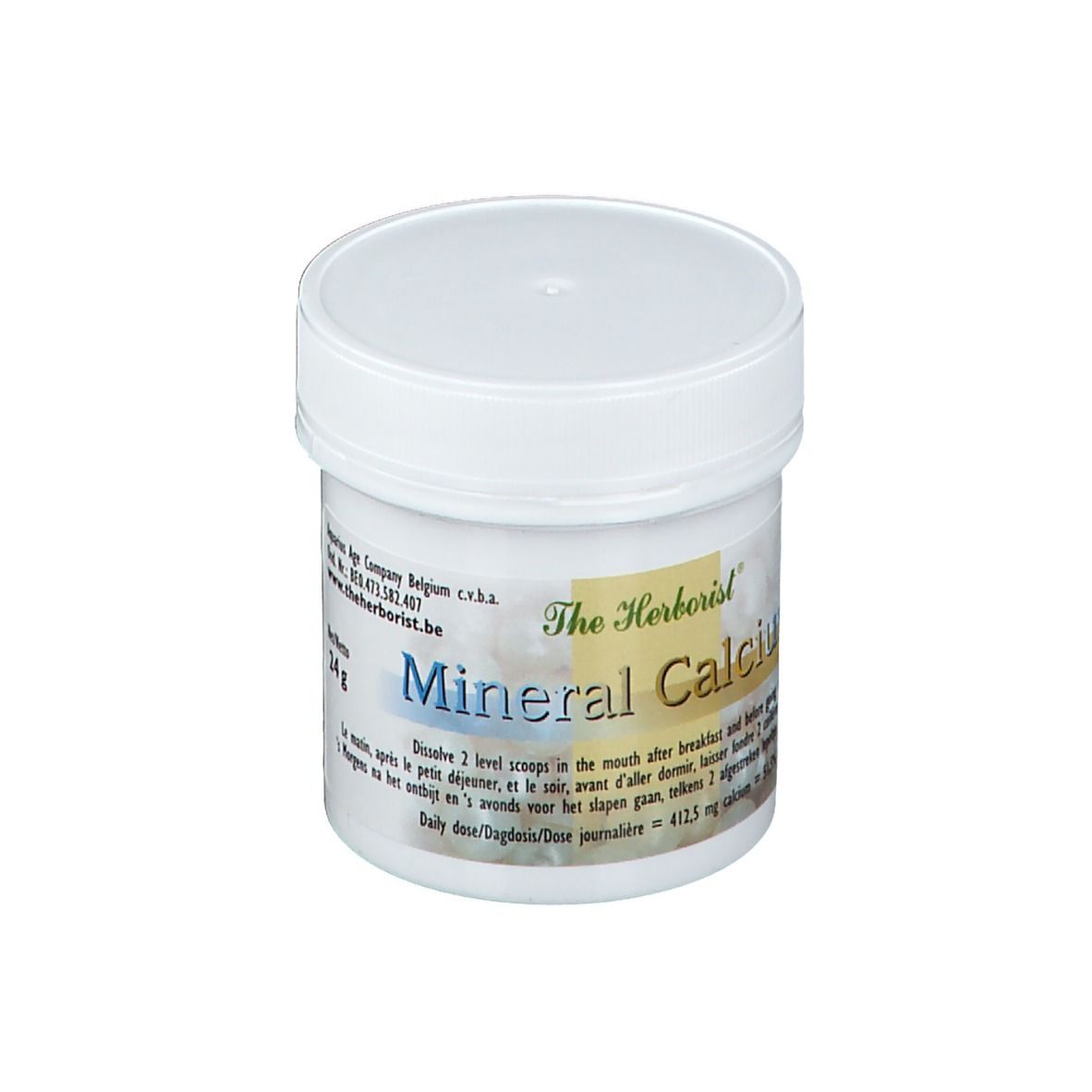 Weißes Calcium-Mineralpulver in einem weißen Behälter mit Deckel. Aufschrift: The Herborist Mineral Calcium.
