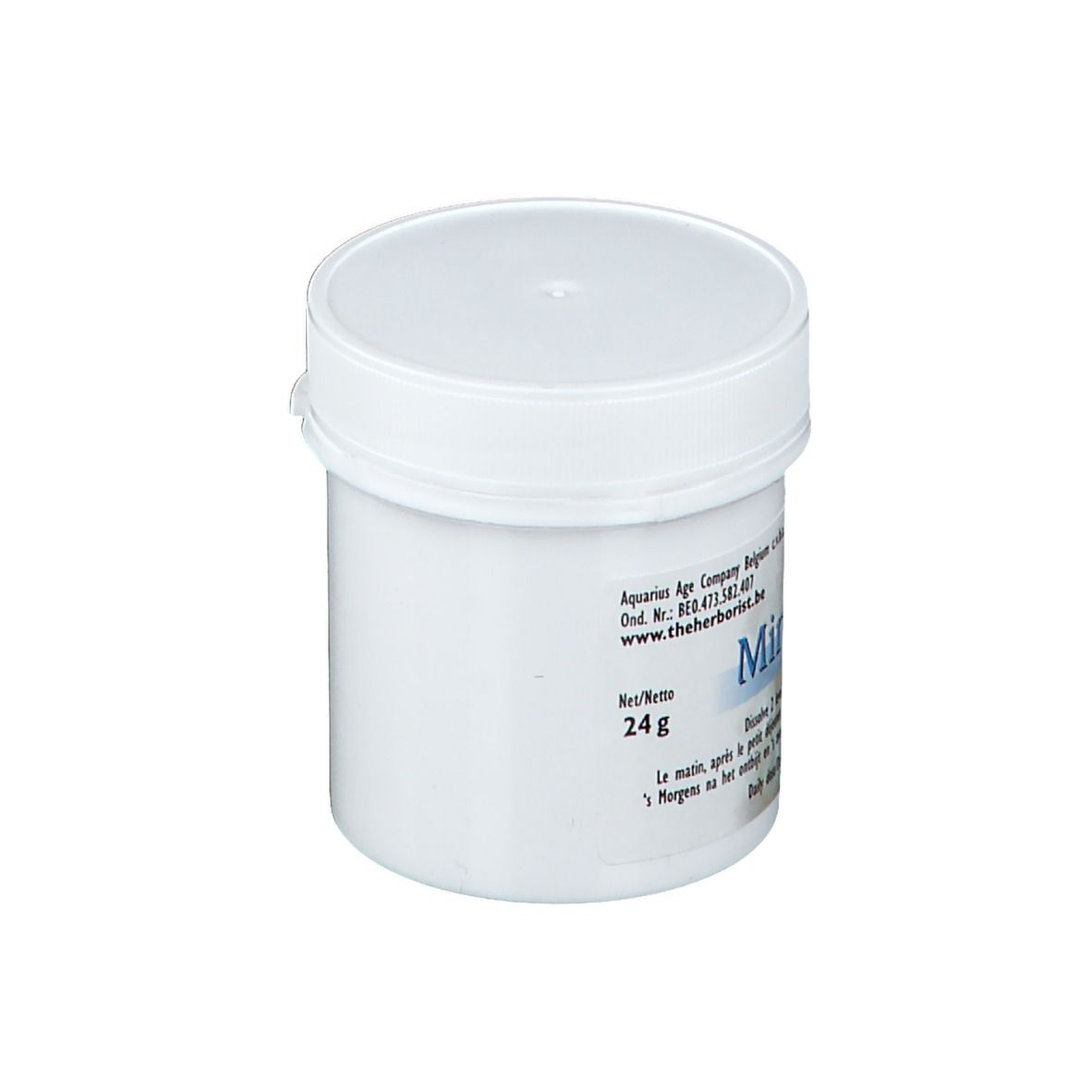 Weißer Behälter mit Deckel. Aufschrift: Mineral Calcium, 24g.