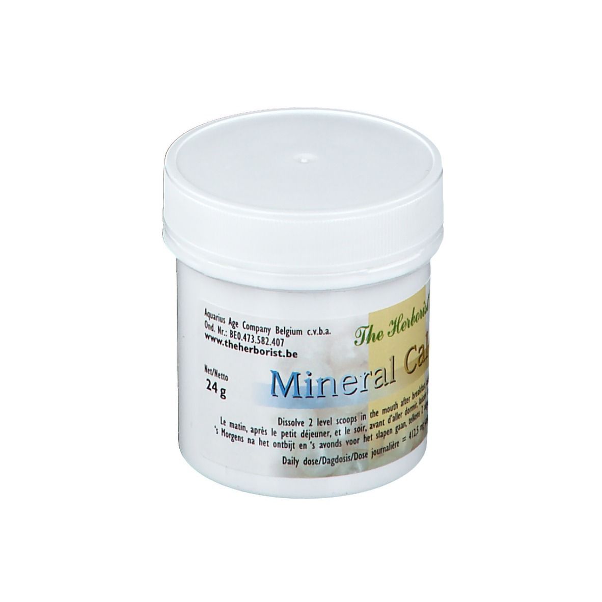 Weißer Behälter mit Deckel. Aufschrift: Mineral Calcium, 24g.