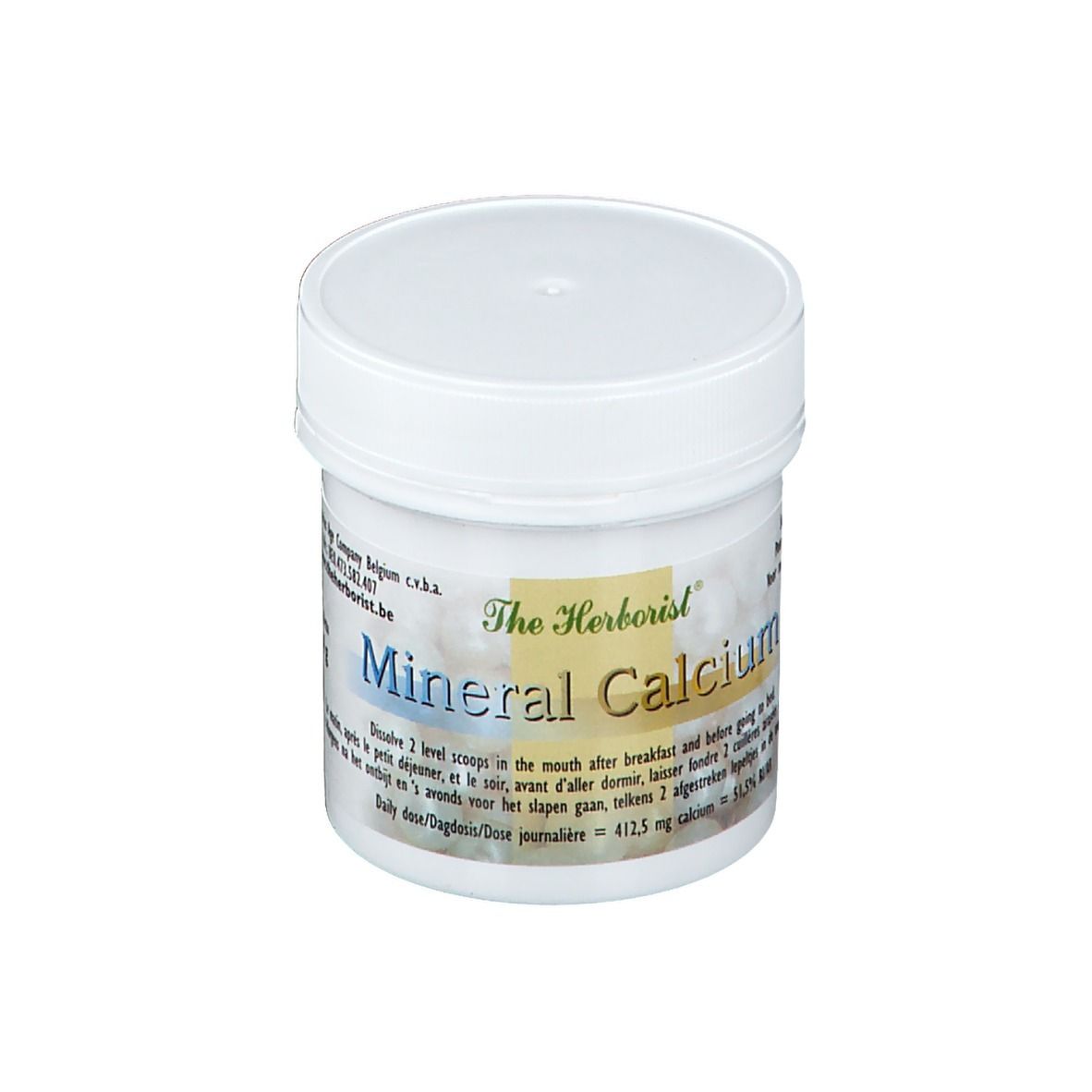 Weißer Behälter mit Deckel. Aufschrift: Mineral Calcium.