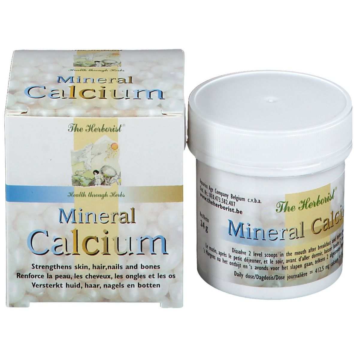 Weißer Behälter und Karton mit Mineral Calcium. Aufschrift: The Herborist. Stärkt Haut, Haare, Nägel und Knochen.