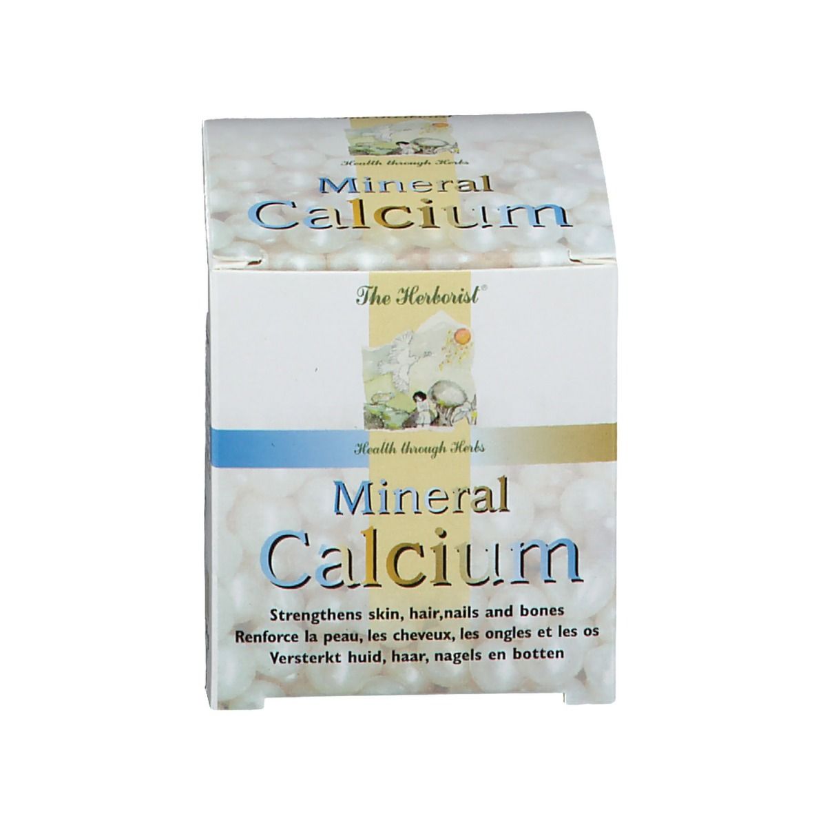 Karton mit Mineral Calcium. Aufschrift: The Herborist. Stärkt Haut, Haare, Nägel und Knochen.