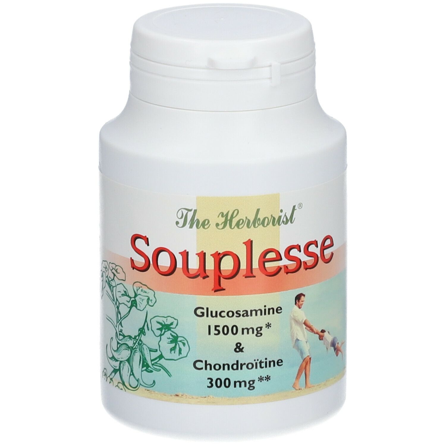 Flacon blanc "The Herborist Souplesse". Contient de la glucosamine et de la chondroïtine. Illustration d'un homme et enfant.