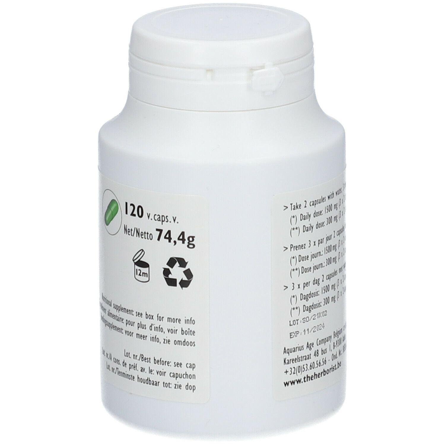 Flacon blanc "Souplesse" avec 120 capsules. Texte et symbole de recyclage. Illustration de capsule verte.