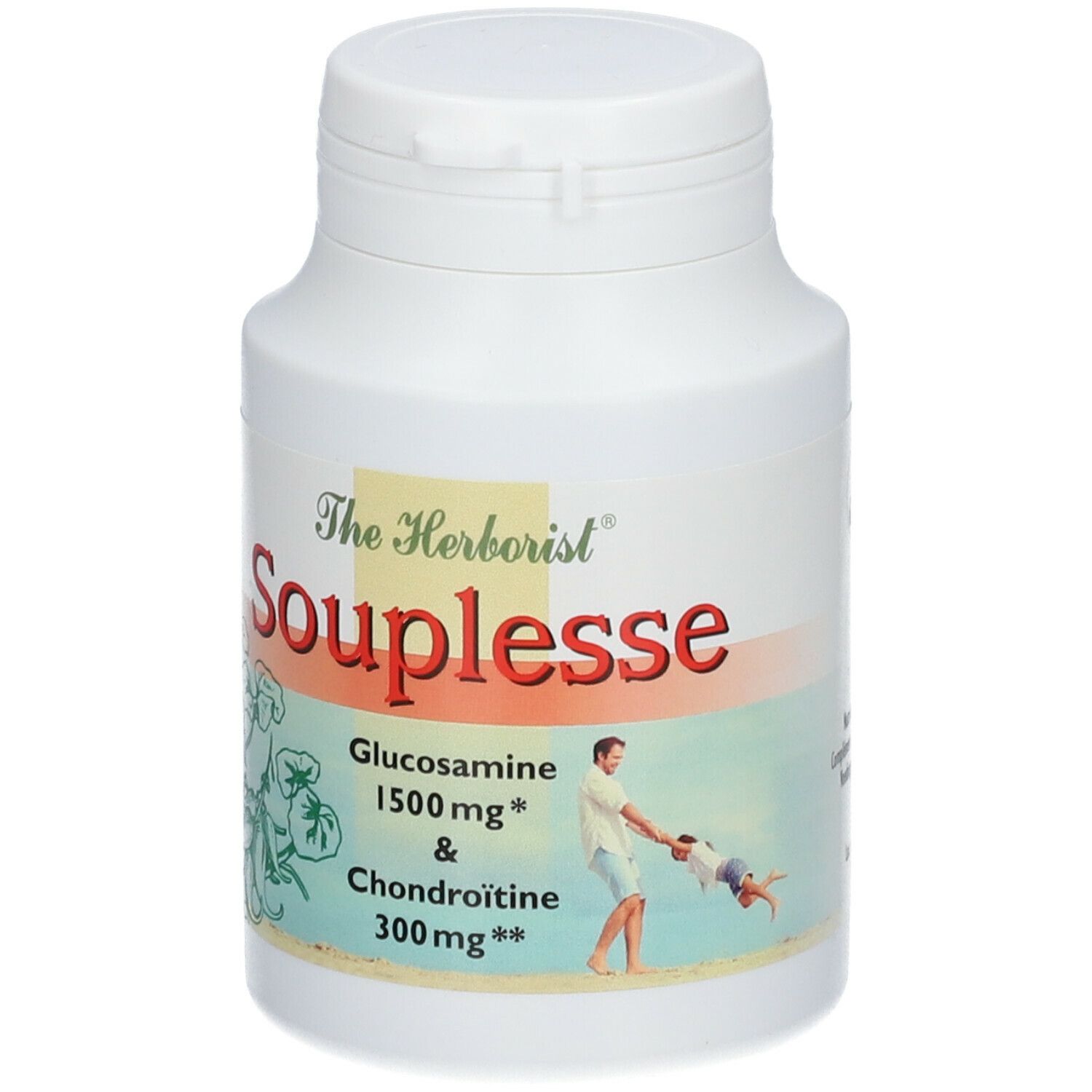 Flacon blanc "The Herborist Souplesse". Contient de la glucosamine et de la chondroïtine. Illustration d'un homme et enfant.