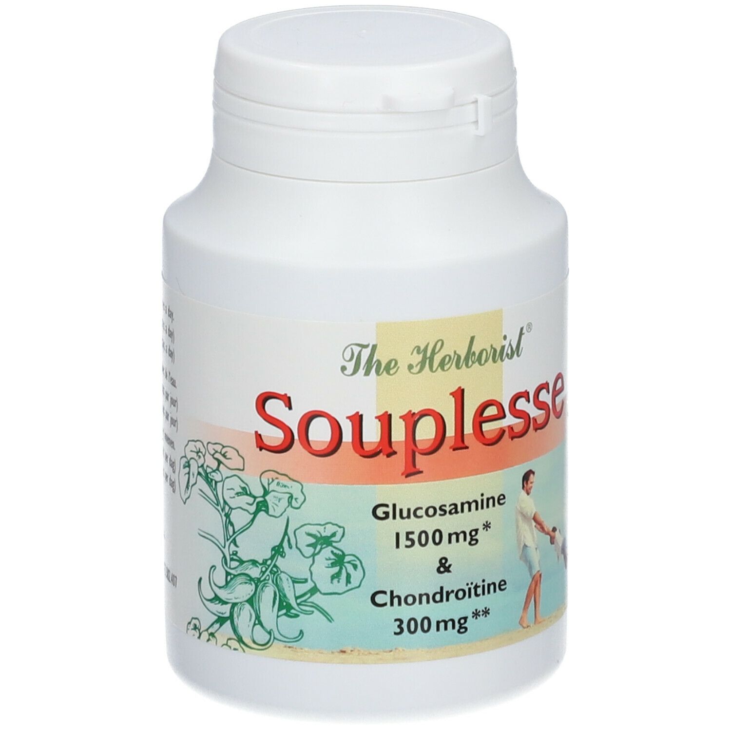 Flacon blanc "The Herborist Souplesse". Contient de la glucosamine et de la chondroïtine. Illustration d'un homme et enfant.
