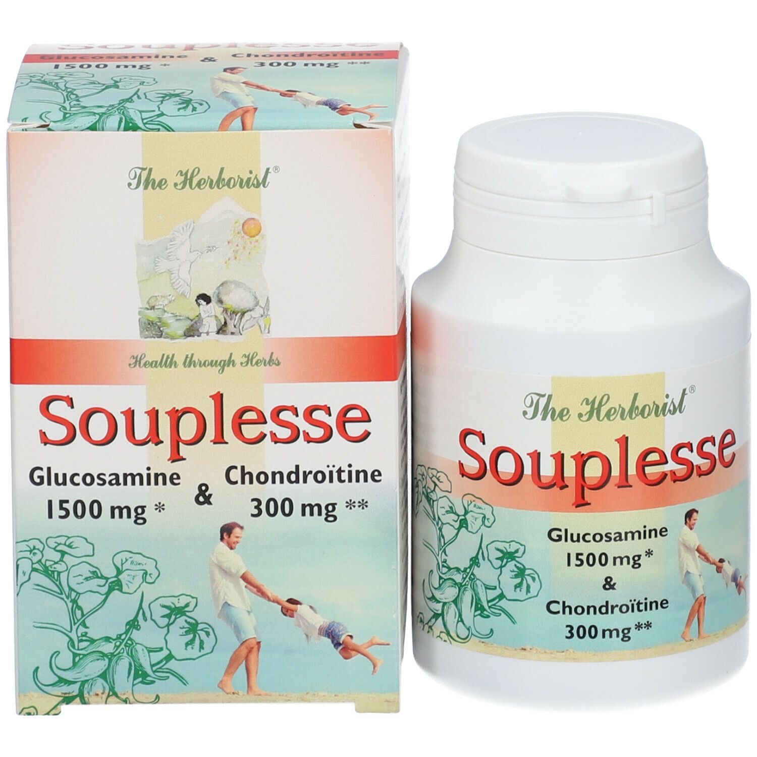 Emballage et flacon "The Herborist Souplesse". Contient de la glucosamine et de la chondroïtine. Homme avec enfant.