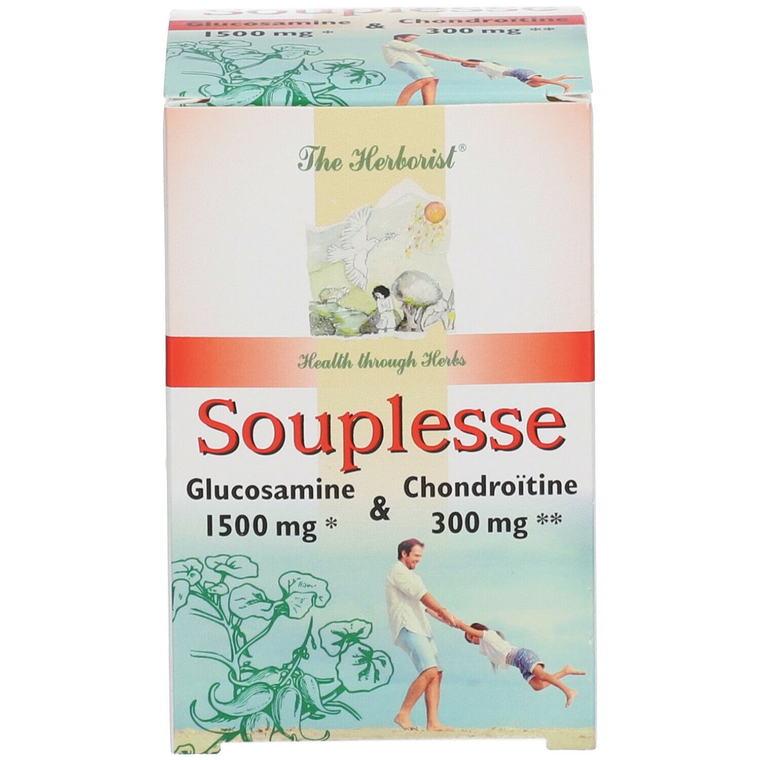 Emballage "The Herborist Souplesse". Contient de la glucosamine et de la chondroïtine. Homme avec enfant.