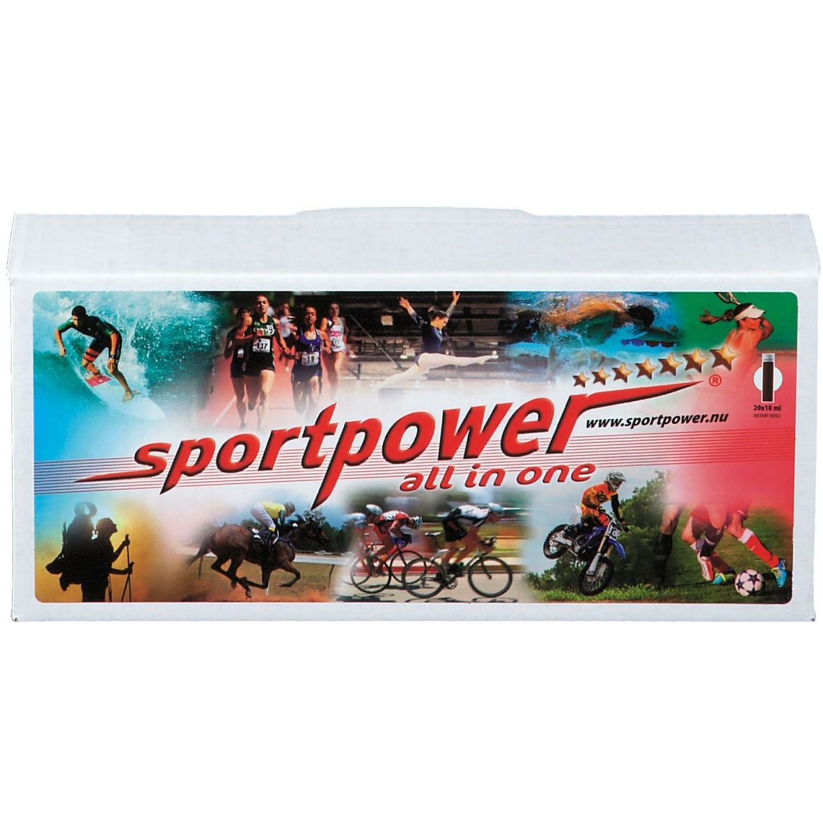 Emballage blanc avec logo Sport Power et illustrations sportives. Texte : "all in one".