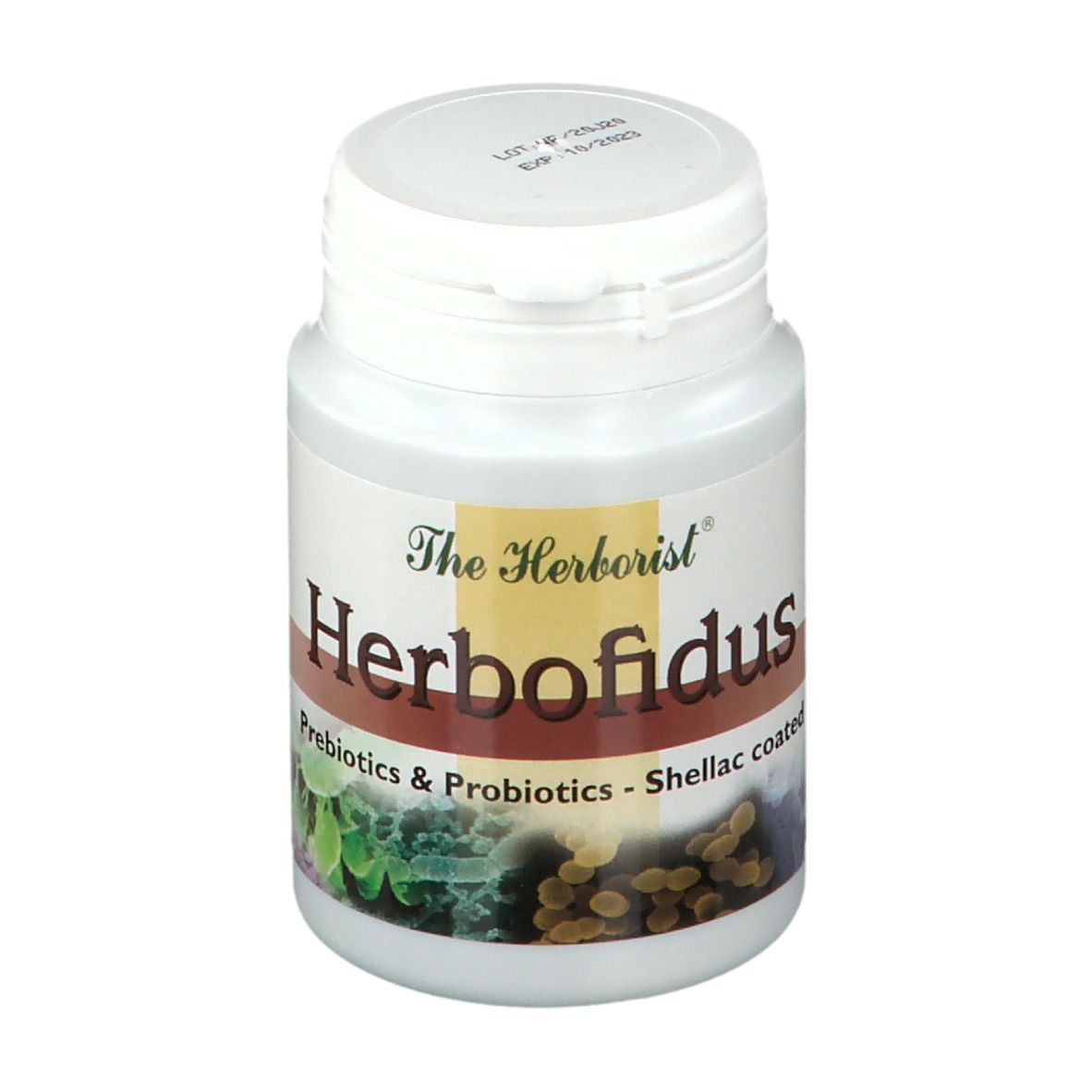 Witte fles Herborist Herbofidus. Opschrift: Prebiotics & Probiotics - Shellac coated.