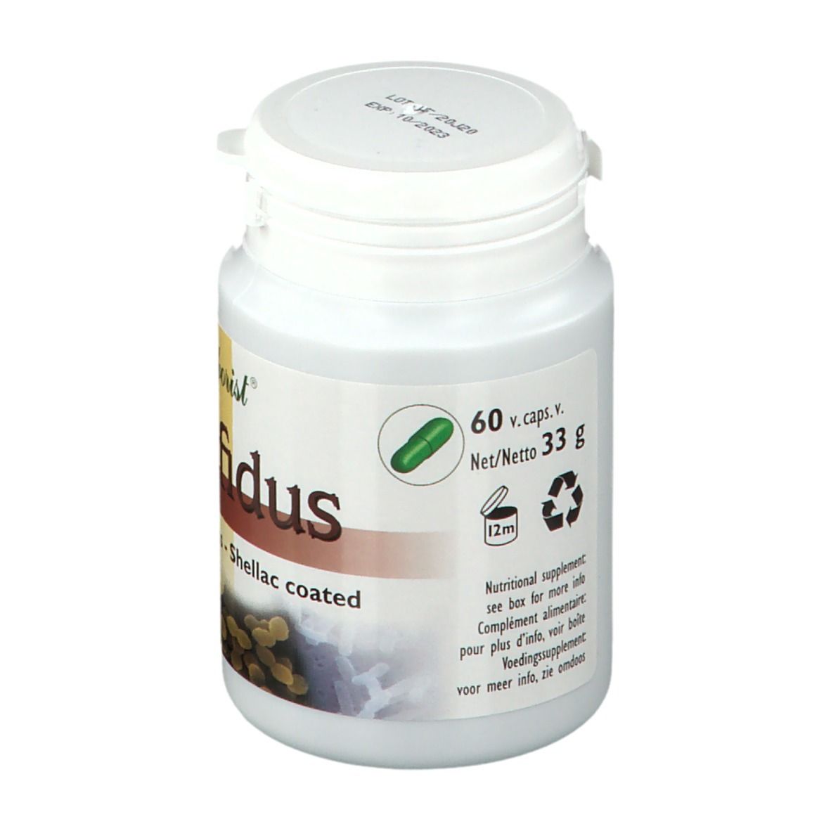 Witte fles Herborist Herbofidus. 60 capsules. Groene capsule. 33 g.