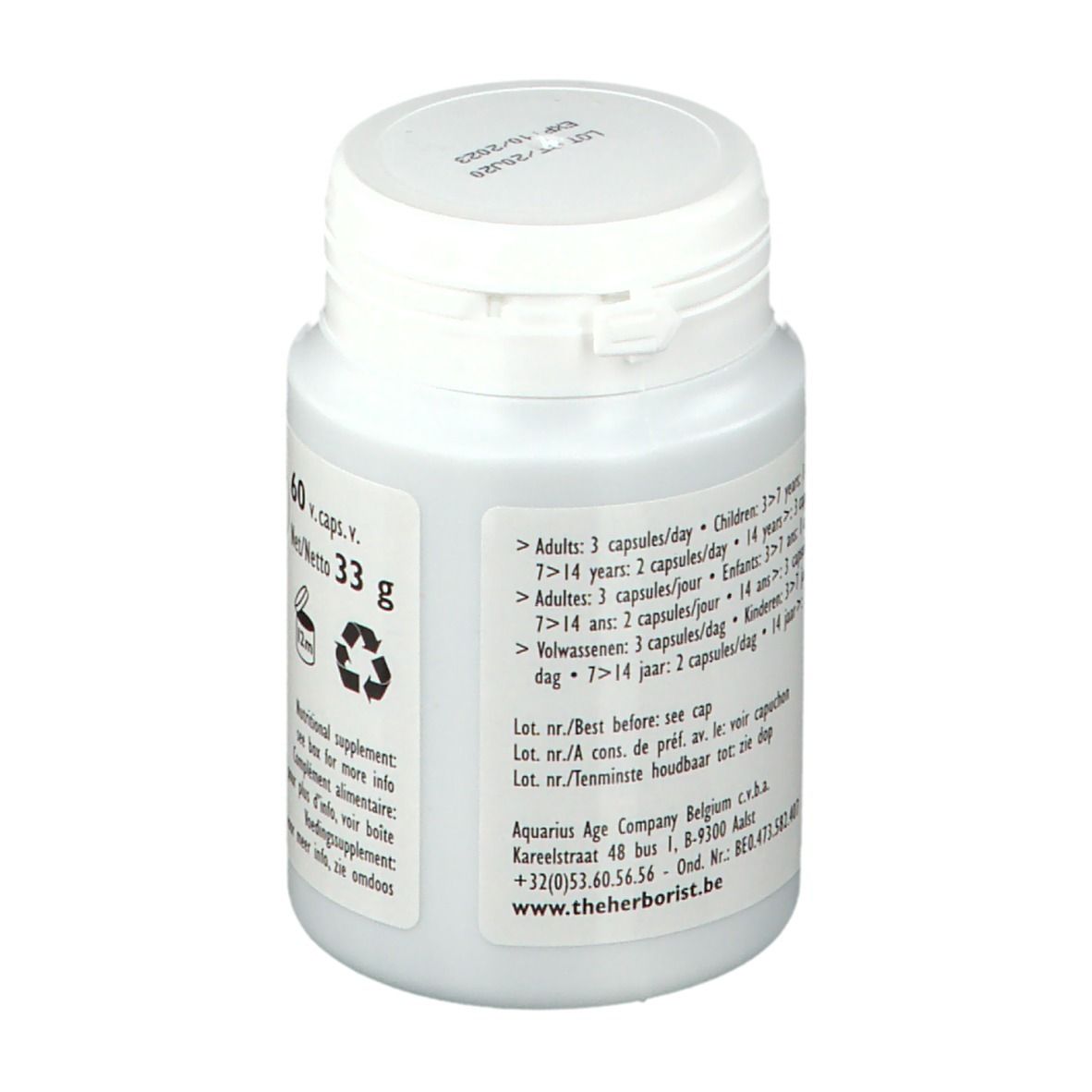 Witte fles Herborist Herbofidus. Achterkant met dosering. 33 g.